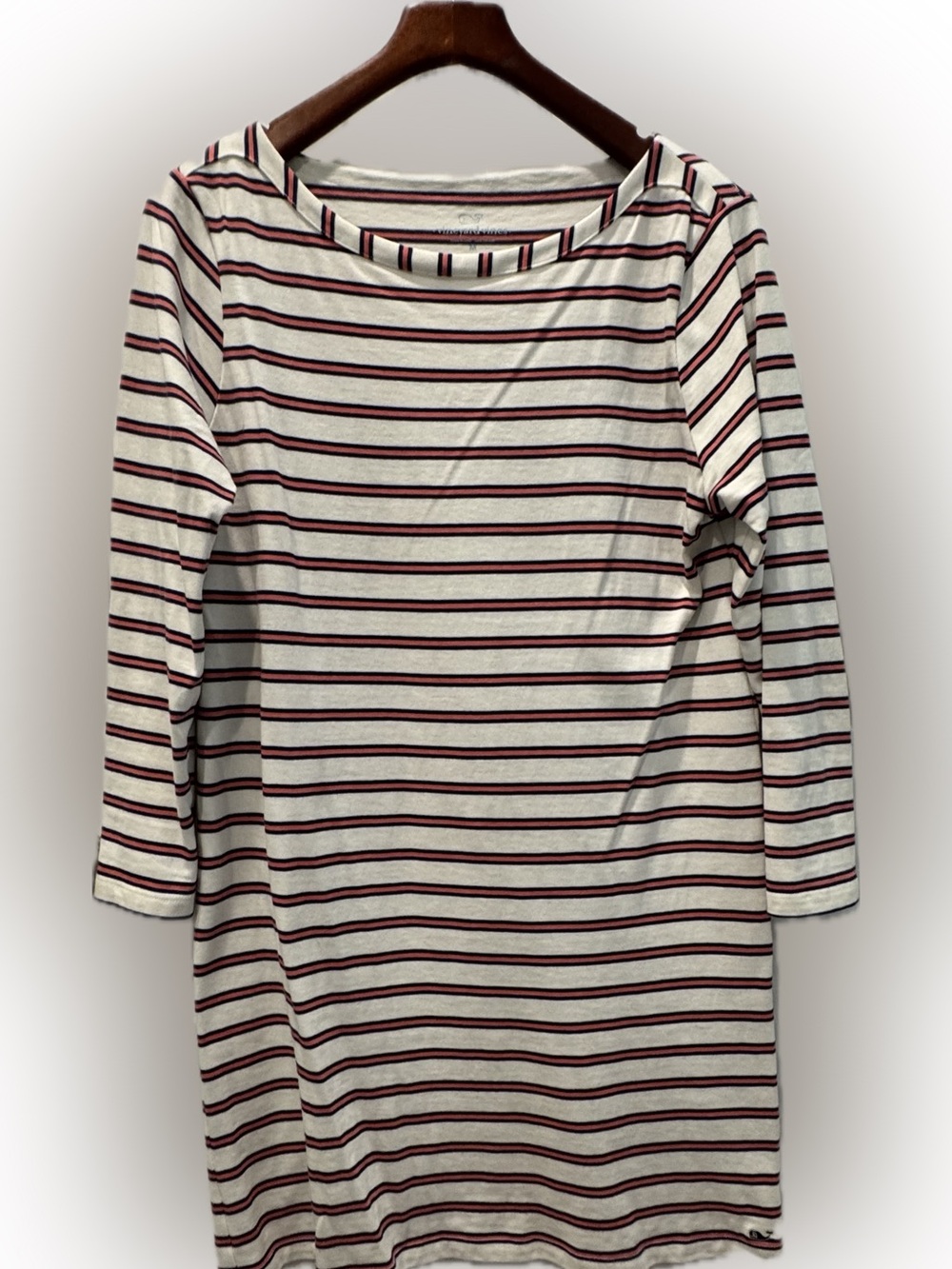 Vineyard Vines White Long-Sleeve Boatneck Top with Salmon Pink and Navy Stripes